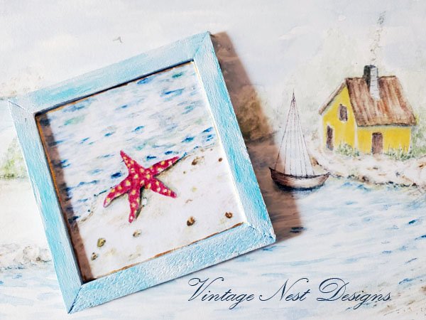 Starfish Ashore No.1:1 Dollhouse Miniature Handmade Wooden Framed Art image 0