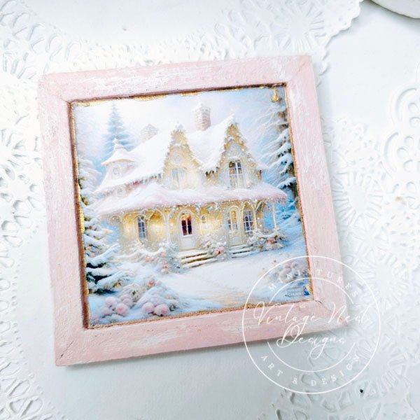 Christmas Cottage No.1:1 Dollhouse Miniature Handmade Wooden Framed Art image 6