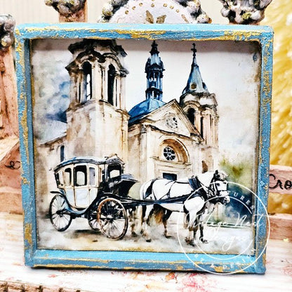Horse and Carriage No.1:1 Dollhouse Miniature Handmade Wooden Framed Art image 1