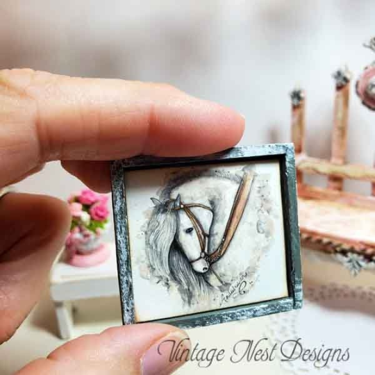 Andalusian Horse No.1:1 Dollhouse Miniature Handmade Wooden Framed Art image 5