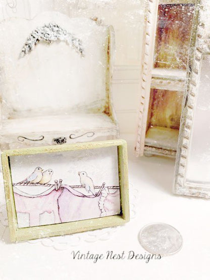 Laundry Birds No.1:1 Dollhouse Miniature Handmade Wooden Framed Art image 0