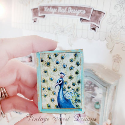 Peacock No.2:2 Dollhouse Miniature Handmade Wooden Framed Art image 2