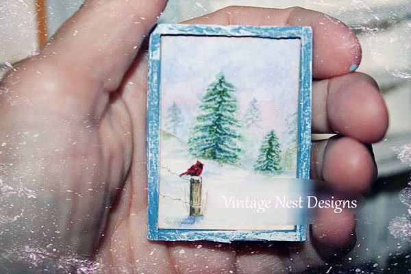 Winter Cardinal No.1:4 Dollhouse Miniature Handmade Wooden Framed Art image 1