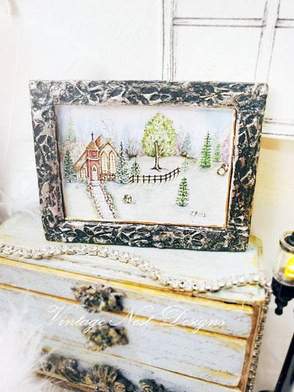 Church in the Woods No.2:3 Dollhouse Miniature Handmade Wooden Framed Art image 1