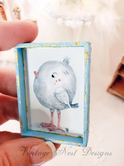 Pink Tweet No.1:2 Dollhouse Miniature Handmade Wooden Framed Art image 1