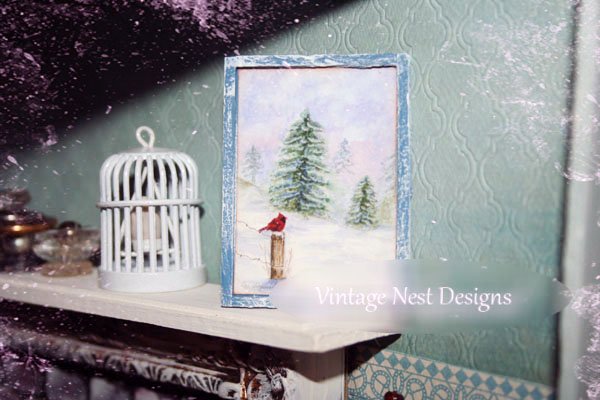 Winter Nights No.1:1 Dollhouse Miniature Handmade Wooden Framed Art image 1