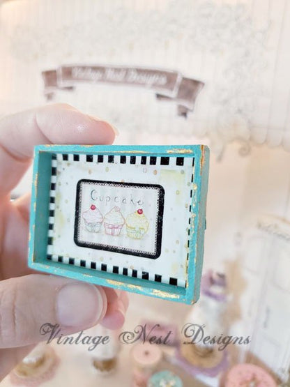 Bon Appetit Cupcake No.1:1 Dollhouse Miniature Handmade Wooden Framed Art image 2