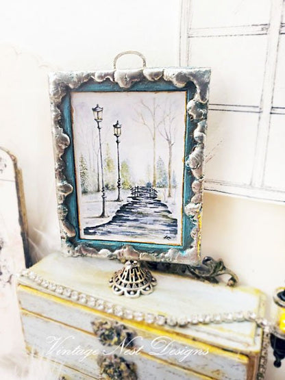 Walk in the Park No.1 Dollhouse Miniature Handmade Metal & Wood Framed Art image 0