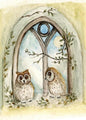 Two Owls in Window No.1 Digital Prints Watercolor Painting image 0