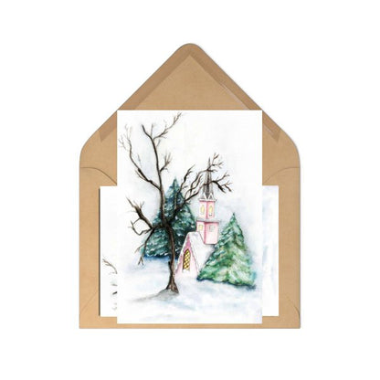 Pink Church in the Woods No.1 Digital Prints Watercolor Painting image 1