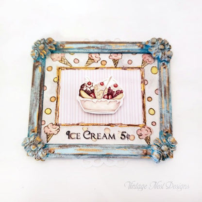 Banana Split Sundae No.1:4 Dollhouse Miniature Handmade Wooden Framed Art image 1