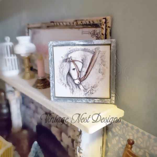Andalusian Horse No.1:1 Dollhouse Miniature Handmade Wooden Framed Art image 3