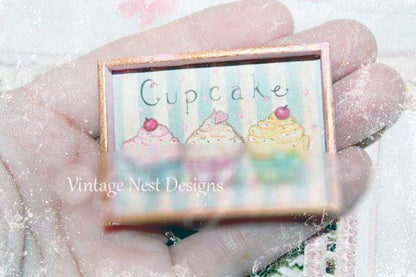 Three Cupcakes No.4:3 Dollhouse Miniature Handmade Wooden Framed Art image 1