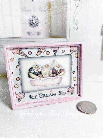 Banana Split Sundae No.1:2 Dollhouse Miniature Handmade Wooden Framed Art image 0