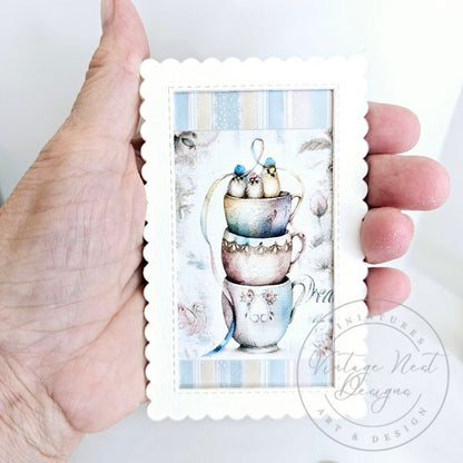 Cup of Birds No.1:1 Dollhouse Miniature Handmade Framed Art image 2
