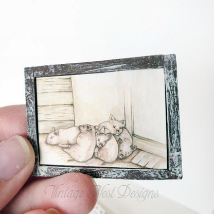 Piglets No.1:2 Dollhouse Miniature Handmade Wooden Framed Art image 1
