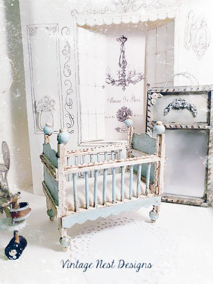 Baby Boy Blue Antique Style Crib No.1 Handmade Dollhouse Miniature image 0