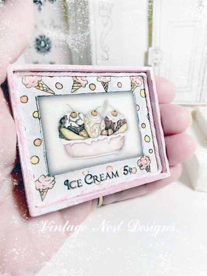 Banana Split Sundae No.1:2 Dollhouse Miniature Handmade Wooden Framed Art image 2