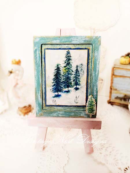 Winter Pines No.1:4 Dollhouse Miniature Handmade Wooden Framed Art image 0