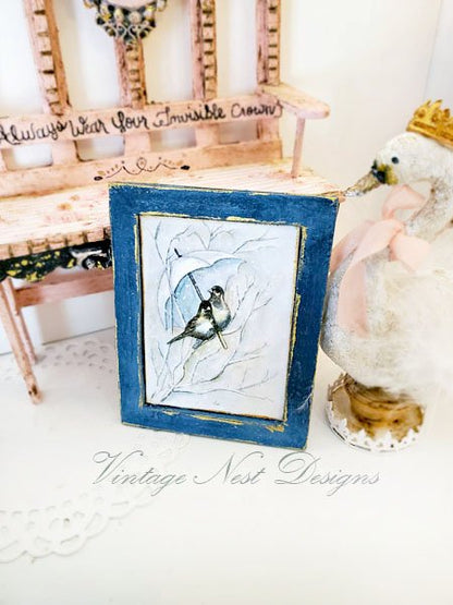 Winter Snow Birds No.1:2 Dollhouse Miniature Handmade Wooden Framed Art image 3