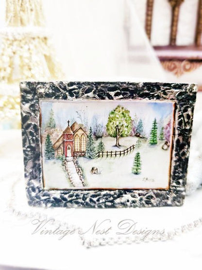 Church in the Woods No.2:3 Dollhouse Miniature Handmade Wooden Framed Art image 0