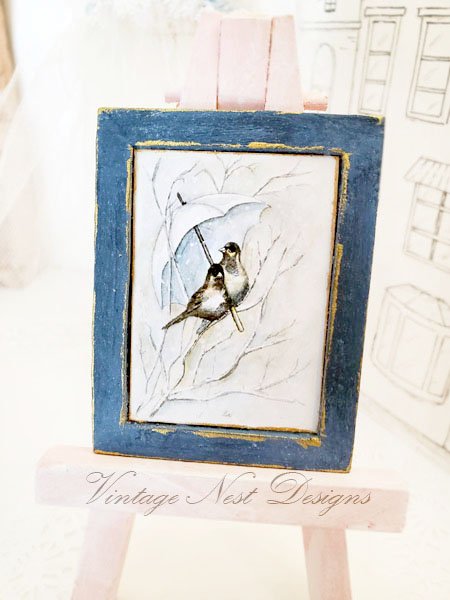 Winter Snow Birds No.1:2 Dollhouse Miniature Handmade Wooden Framed Art image 0