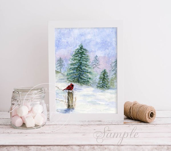 Winter Cardinal No.1 Digital Prints Watercolor Painting image 1