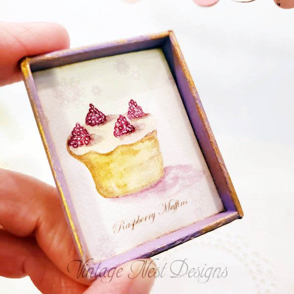 Raspberry Muffins No.1:1 Dollhouse Miniature Handmade Wooden Framed Art image 2