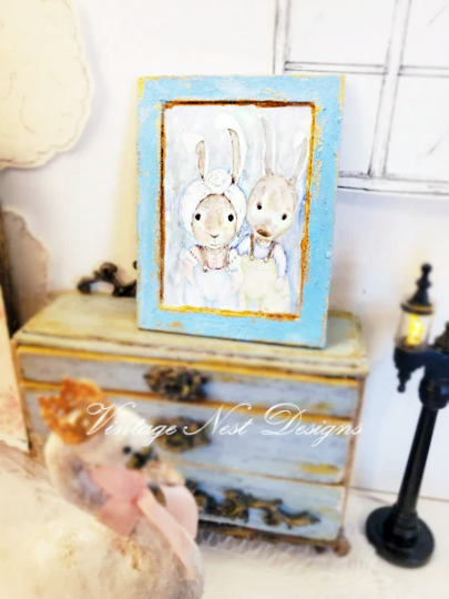 Sweet Rabbits No.1:1 Handmade Dollhouse Miniature Wooden Framed Art image 3
