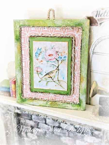 Bird Nest Roses No.5:1 Dollhouse Miniature Handmade Wooden Framed Art image 1