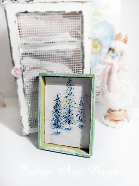 Winter Pines No.1:3 Dollhouse Miniature Handmade Wooden Framed Art image 1