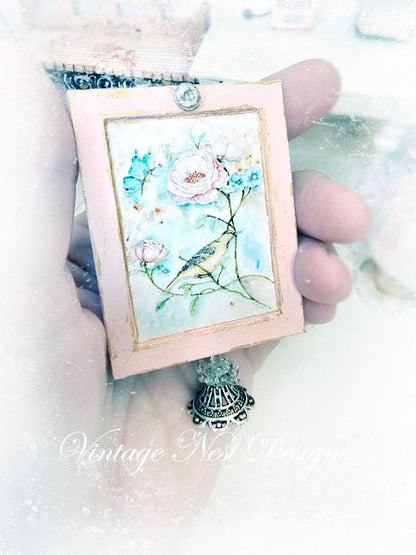 Bird Nest Roses No.5:2 Dollhouse Miniature Handmade Wooden Framed Art image 2