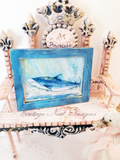 Shark No.1:1 Dollhouse Miniature Handmade Wooden Framed Art image 0