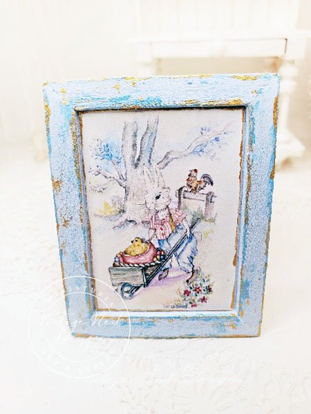 Bunny in Cart No.1:1 Dollhouse Miniature Handmade Wooden Framed Art image 0