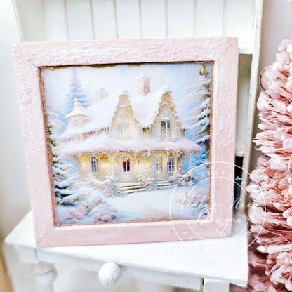 Christmas Cottage No.1:1 Dollhouse Miniature Handmade Wooden Framed Art image 7
