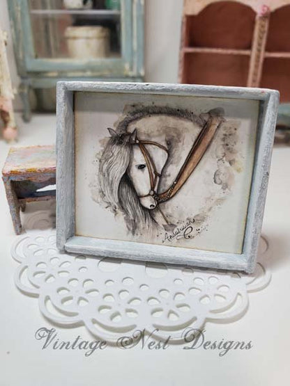 Andalusian Horse No.1:4 Dollhouse Miniature Handmade Framed Art image 0