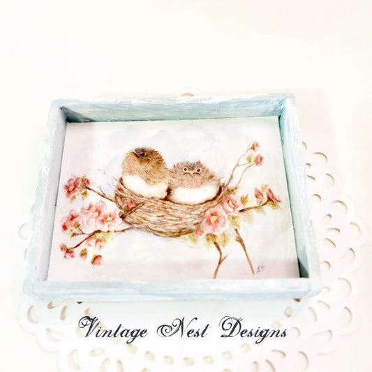 Bird Nest Roses No.5:1 Dollhouse Miniature Handmade Wooden Framed Art image 1