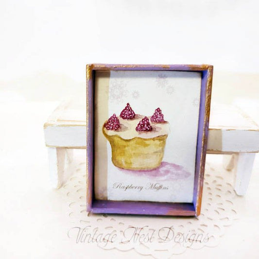 Raspberry Muffins No.1:1 Dollhouse Miniature Handmade Wooden Framed Art image 0