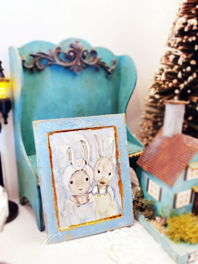 Sweet Rabbits No.1:1 Handmade Dollhouse Miniature Wooden Framed Art image 5