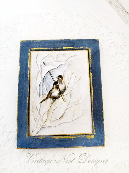 Winter Snow Birds No.1:2 Dollhouse Miniature Handmade Wooden Framed Art image 5