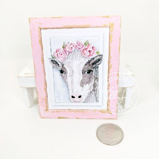 Dollhouse Miniature Cow with Roses No.1:2 Handmade Wooden Framed Art image 1