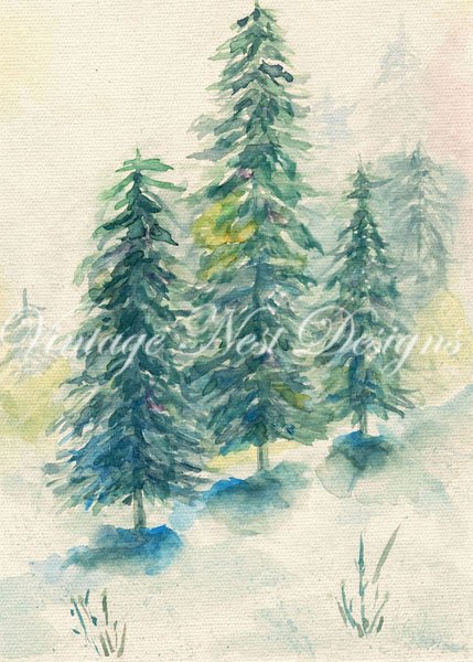 Winter Pines No.1 Digital Prints Watercolor Painting image 0
