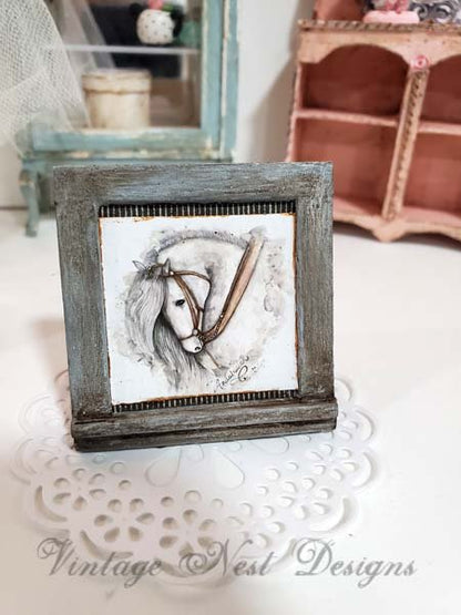 Andalusian Horse No.1:3 Dollhouse Miniature Handmade Framed Art image 0