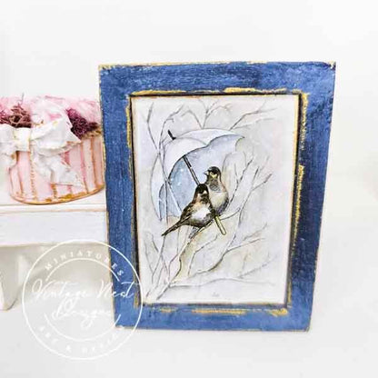 Winter Snow Birds No.1:2 Dollhouse Miniature Handmade Wooden Framed Art image 1