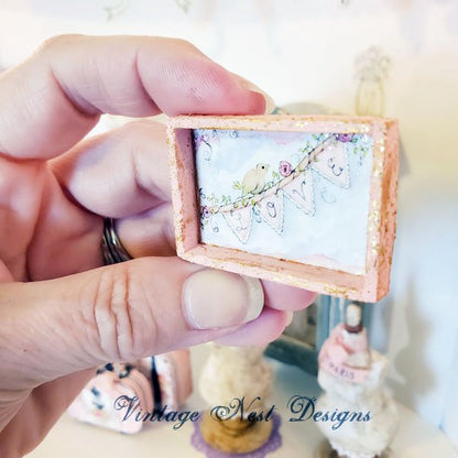Love Bird No.1:1 Dollhouse Miniature Handmade Framed Wooden Art image 2