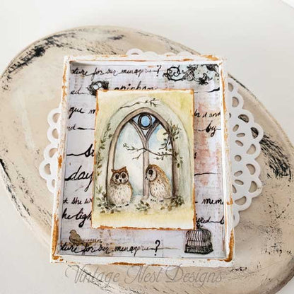 Two Owls in a Window No.2:2 Dollhouse Miniature Handmade Wooden Framed Art image 1
