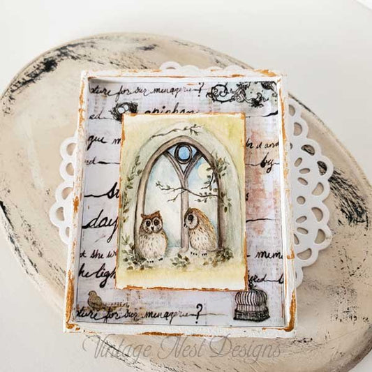 Two Owls in a Window No.2:2 Dollhouse Miniature Handmade Wooden Framed Art image 1