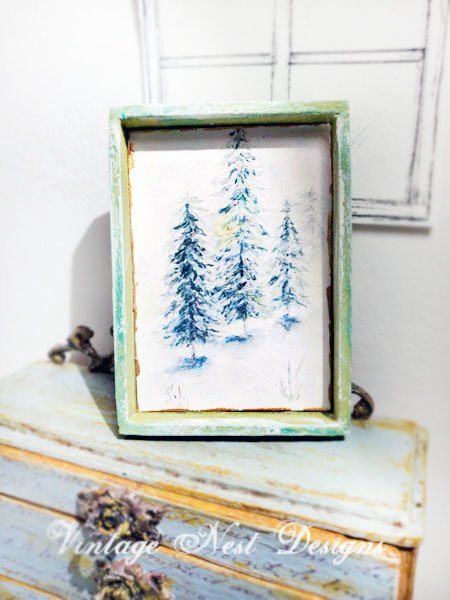 Winter Pines No.1:3 Dollhouse Miniature Handmade Wooden Framed Art image 3