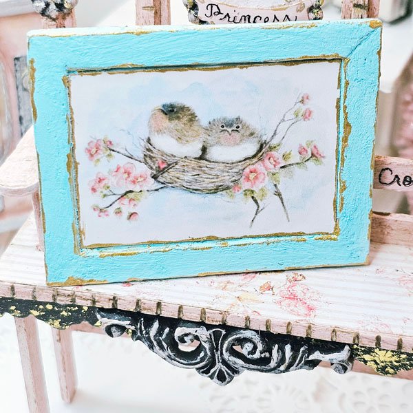Bird Nest Roses No.5:2 Dollhouse Miniature Handmade Wooden Framed Art image 3
