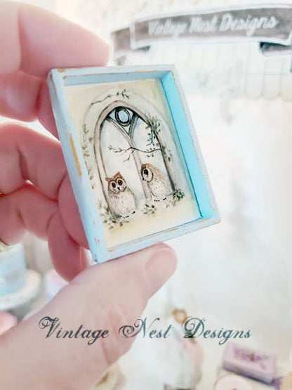 Two Owls in a Window No.1:1 Dollhouse Miniature Handmade Wooden Framed Art image 4